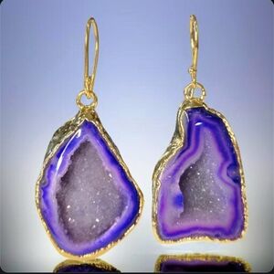 22k Gold Plated Genuine Agate Sugar Geode Druzy Crystal Chunky Dangle Earrings